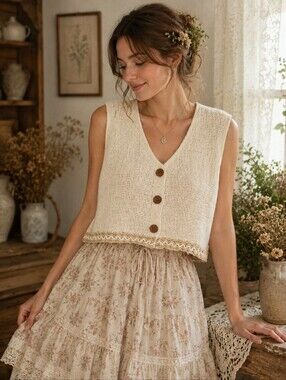 Joujou Cream Cotton Knit Crop Vest Boho Cottagecore Button Front Size 15